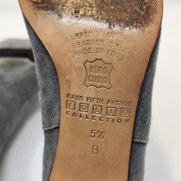 Saks Fifth Avenue Gray Suede Heeled Ankle Booties Size 5.5 B Pointed Toe Slip On - Picture 9 of 9